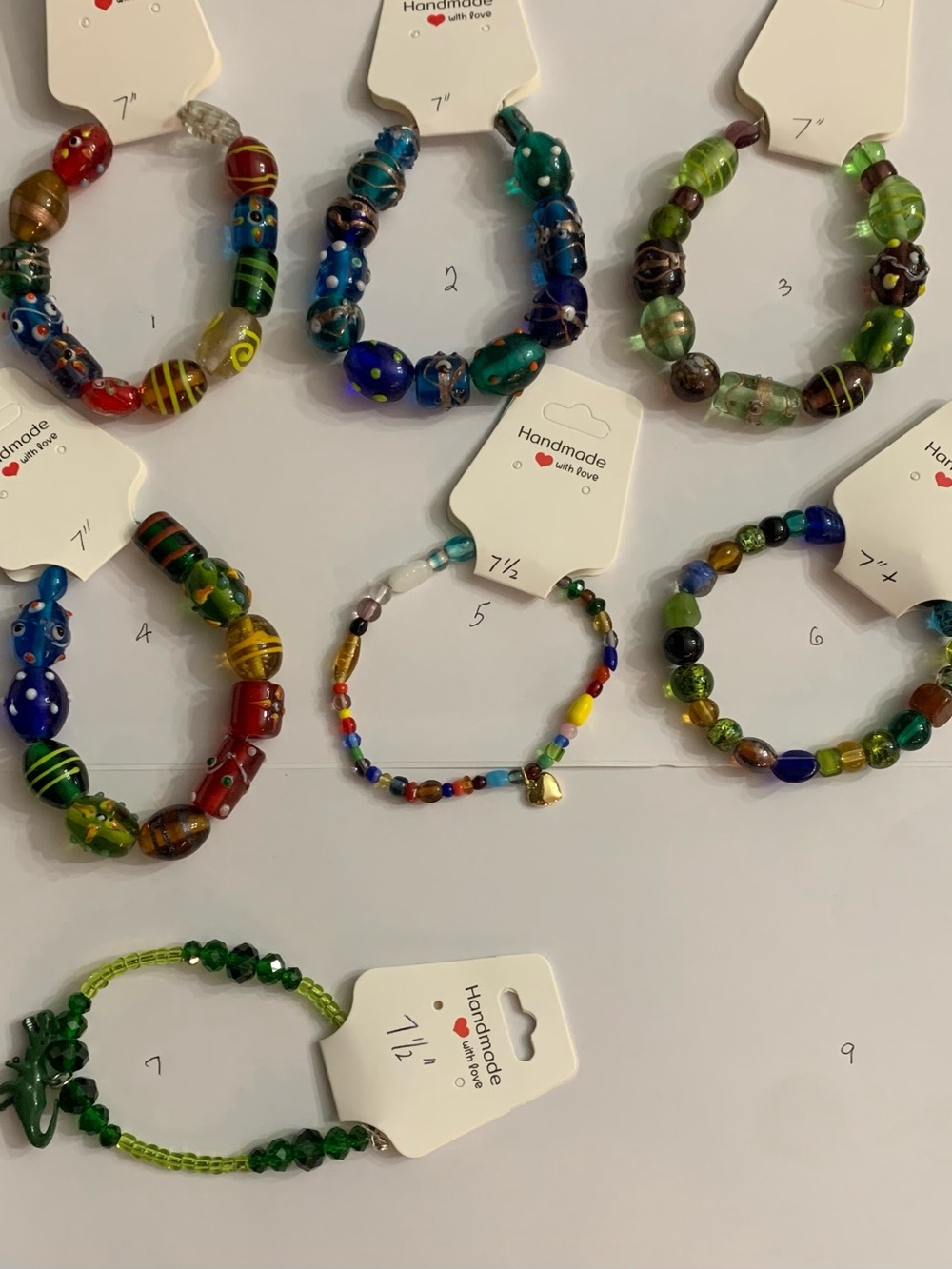 7” Handmade Multicolor Glass Bead Bracelets Various